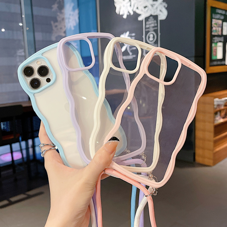 iPhone16 ケース クリア iPhone 13 iPhone15 Plus iPhone14 Pro Max ケース 波 ショルダー ストラップ
