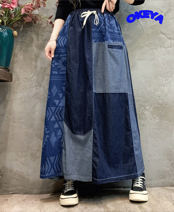 2024年春秋新作 レディース服 ボトムス スカート ロングスカート 切り替え デニム 2色展開