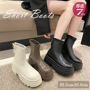 初回送料無料 定番 人気 ショートブーツ 厚底 黒 ブラック 太ヒール 黒 ブラウン 7cm スタイルアップ 美脚