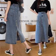 初回送料無料 デニム スカート バックスリット 着回し ロングスカートフリル 脚長効果 ヴィンテージ風