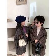 ★2024秋冬子供服★レトロ チェック柄 コート&ショートパンツ 2点セット 韓国風子供服 防寒 温かい