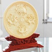 彫り物　置物　柘植の木　四神　台座付き