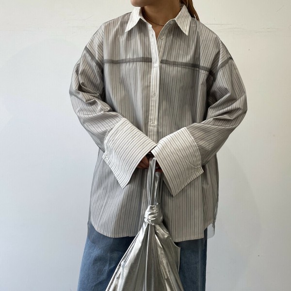 ブラウス シャツ ブロード＆ストライプチュールかぶせオーバーサイズシャツ レディース セール】ブロード&ストライプチュール被せオーバーサイズシャツ