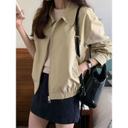 TSHEK新作カジュアル 小柄向け マルチスタイル ノーカラー ショート丈 レトロ カーキ色 ジャケットアウター