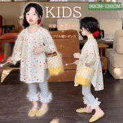 韓国風 子供服 女の子 可愛いキッズ シャツ ワンピース 長袖 クルーネック ドート柄 裾フリルレギンス
