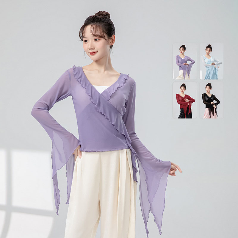 春秋 練習服 ダンス教室 ベリーダンス ラテンダンス フリル上着 シャツ ブラウス 4色 M-2XL