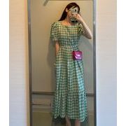 ワンピース ボリューム袖 フリル バイカラー スリム 着痩せ チェック柄 カジュアル