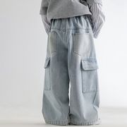 男の子ジーンズ 2025新作ワークウェア 韓国風 ワイドパンツ ウォッシュ加工ロングパンツ