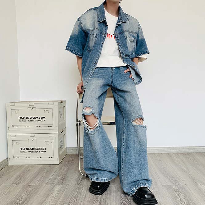 2024夏新作 メンズ服 男女兼用 セットアップ デニムシャツ&パンツ ダメージ加工 カジュアル ストリート系