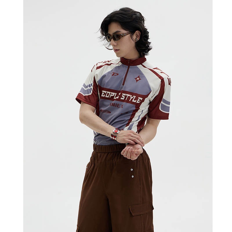 トップス ハーフジップ Tシャツ 半袖 プリント 通気 ストレッチ サイクリングウェア