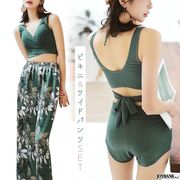 パレオ付き 2点セット水着【ワンピース/フラワー/プリント/ブラック/ワンカラー】
