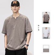 メンズ 綿麻 ヘンリーネック風 半袖Tシャツ 美式ストリート系 ドロップショルダー ヴィンテージ風★全2色