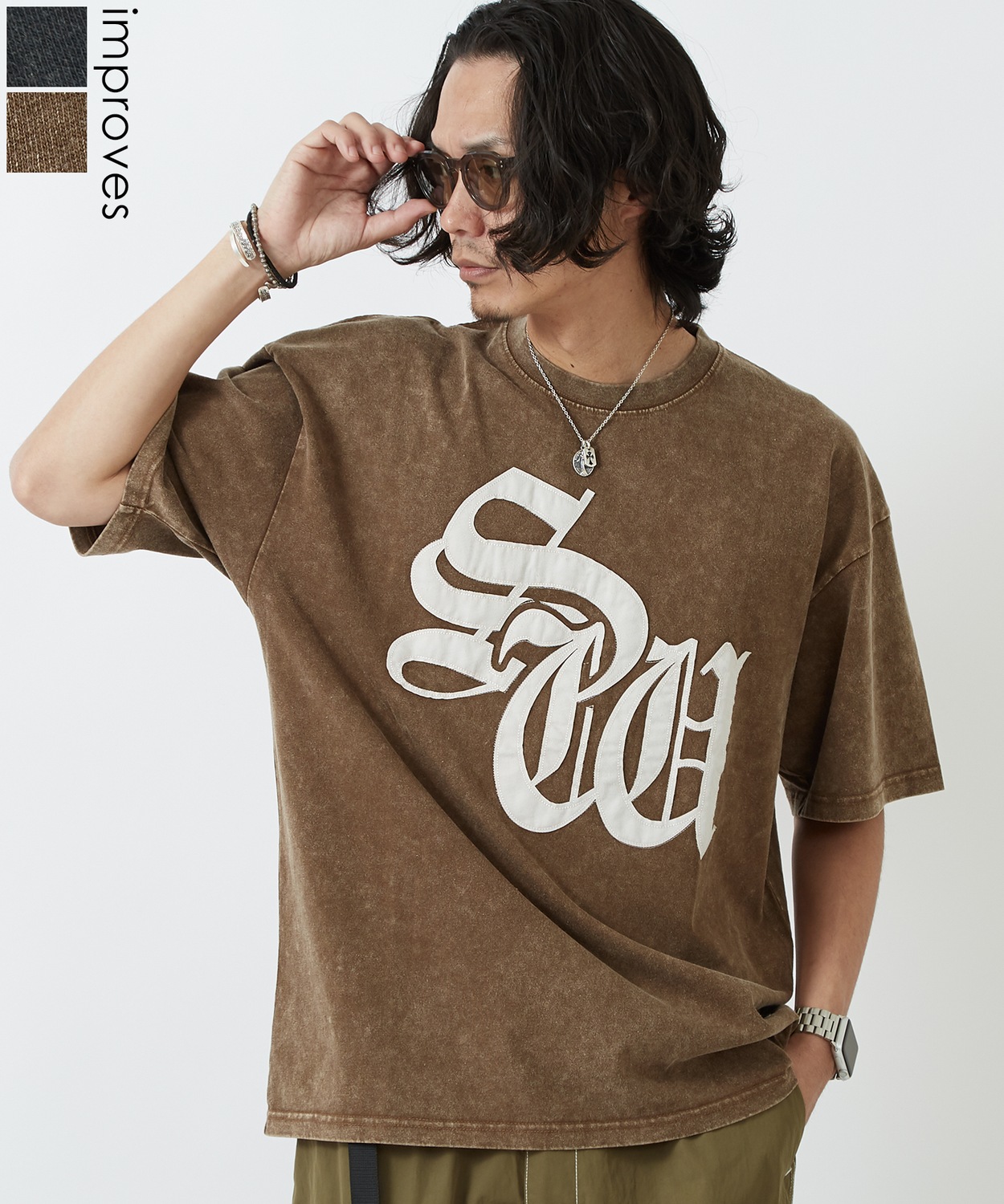 【SIDEWAYSTANCE】デニムブラックレターロゴケミカル半袖Tシャツ