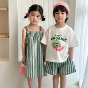 2025新作 キッズ兄妹ペア綿100％夏服セットアップ ストライプ柄ワンピ＆上下セット
