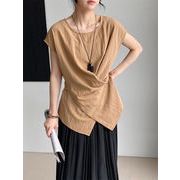 【韓国トレンド】綿麻ミックス クロスネックティー＆サイドスリット フリフリ袖 シェイプアップトップス