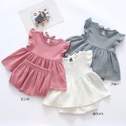全3色[80-130cm] 韓国風 綿ガーゼ上下セット 女の子 ベビー 夏用半袖ブラウス＆ショートパンツ 2点セット