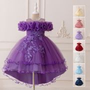 子供ドレス 女の子 プリンセスドレス 一字肩 ロングトレーン付き 蓬蓬チュール 花童ドレス 結婚式 発表会