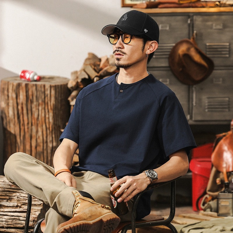 メンズ 美式ヴィンテージ風 ヘンリーネック半袖Tシャツ カジュアルトップス ゆったりストリート★全2色