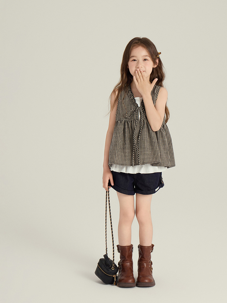 2025新作 韓国風子供服  無袖 百掛け吊りトップス&チュールブラウス& ハーフパンツ  90cm-170cm