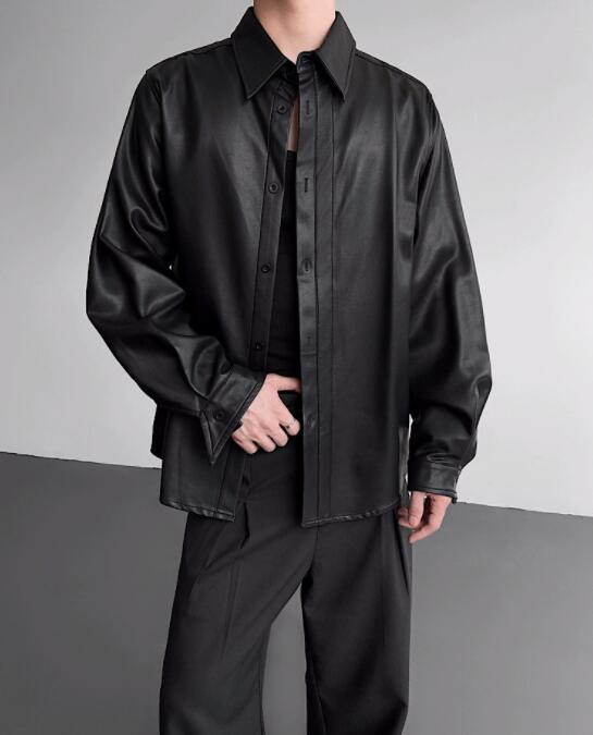 シャツ カジュアルシャツ 長袖 フェイクレザー メンズ