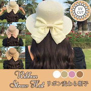 ビッグリボン 小顔効果 つば広 麦わら帽子 ストローハット 女優帽 UVカット かわいい レディース