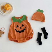 2025新作　ハロウィン　子供服　帽子付き　ノースリーブ　かぼちゃ　オールインワン　可愛い　ロンパース