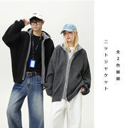 メンズ 秋冬 ユニセックス フェイクスエード風 2枚重ね風フーディカーディガン ヴィンテージニット★全2色