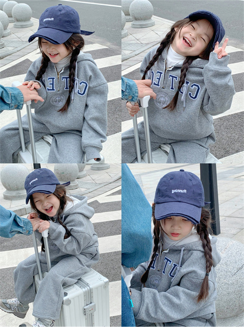 2025 冬新作 韓国風 子供服 ☆アルファベット 裹起毛 刺繍 ジッパーキャップパーカーセット☆