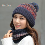 もこもこ ニット帽＆ネックウォーマーセット【防寒/裏起毛/ポンポン/レディース/冬小物/アウトドア】