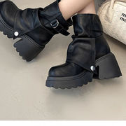 レディース 厚底 ブーツ 英国調 増高 太ヒール ベルトバックル付き ショートブーツ