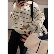 ボーダーポロニットトップス　デザイン　韓国ファッション