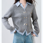 初回送料無料　ニットセーターフェイク2枚長袖カーディガン上着　レディースファッション人気トレンド