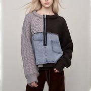 初回送料無料　ニットセーター切り替えデザイン長袖トップス　レディースファッション人気トレンド