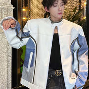 メンズPU切替ライダースジャケット 立ち襟 ヴィンテージ調 ワイドシルエット