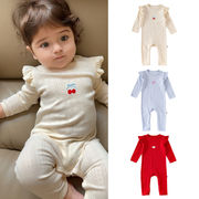 全3色[66-90cm] ベビー長袖ロンパース コットン フリル付き 刺繍デザイン 男女兼用 お出かけ用カバーオール