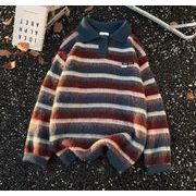 秋冬トップス メンズ ニット セーター ボーダー ポロ襟