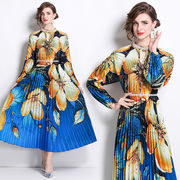 オシャレプリントビーズ付きポジショニングプリーツパールボタンワイドワンピースレディース