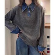 【日本倉庫即納】 デニム切り替え レイヤード風ニットポロ襟