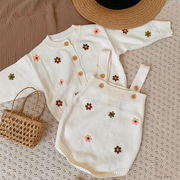 ins　春秋　ベビー服　刺繍　花柄　ニット　セットアップ　カーディガン　ロンパース　可愛い　　子供服