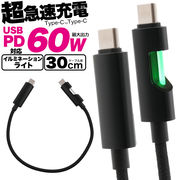 【Type-C toType-Cケーブル 30cm】　USB PD対応で60Wの超急速充電可能！イルミネーションライト付き