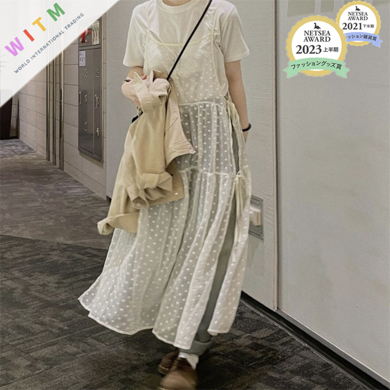 2026春夏新作 ドット柄 レースワンピース ロング丈ワンピース 重ね着 レディース 透け感 オシャレ