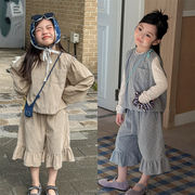 2026春新作　子供服　女の子　ノースリーブ　フリル　セットアップ　ベスト　7分丈　パンツ　可愛い　2色