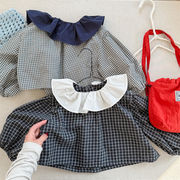 2026春新作　女の子　ラッフルカラー　パフスリーブ　ブラウス　2色　格子柄　トップス　可愛い　子供服