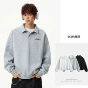 メンズ ショート丈 襟付きスウェット ボタンネック ヴィンテージ調  ポロ風 プルオーバー トップス★全3色