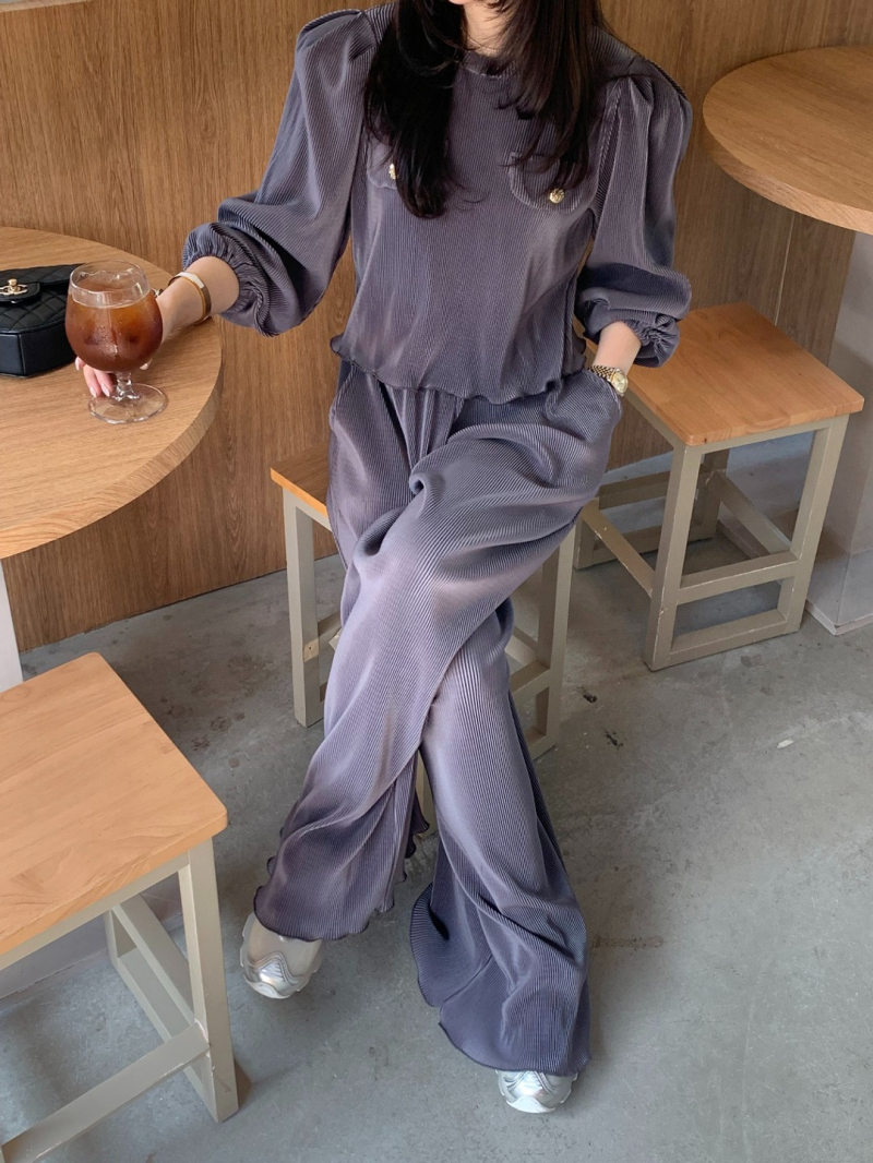 今季マストバイ  気質   おしゃれ   フリル  クルーネック   トップス+ワイドレッグ パンツ