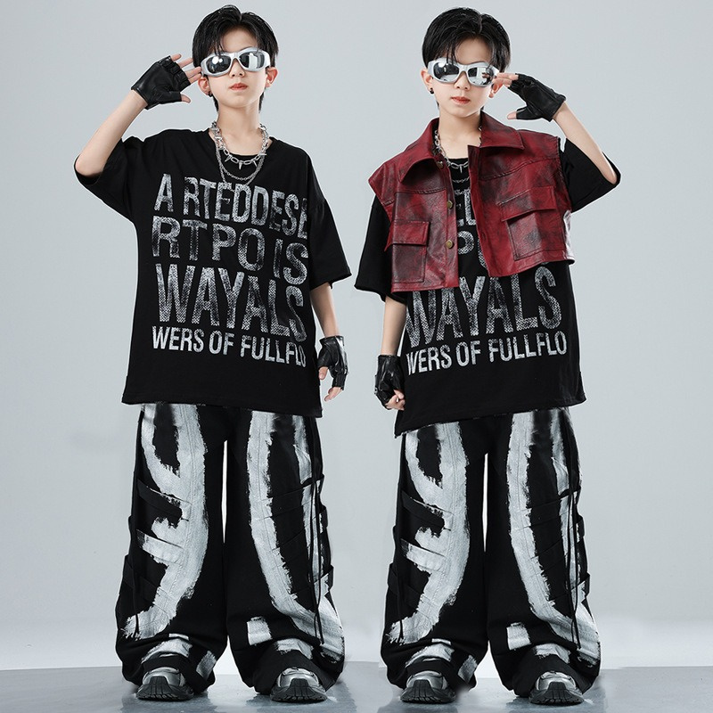 キッズダンス衣装 男の子 ヒップホップ セットアップ レザーベスト ジャズ カッコいい ステージ衣装