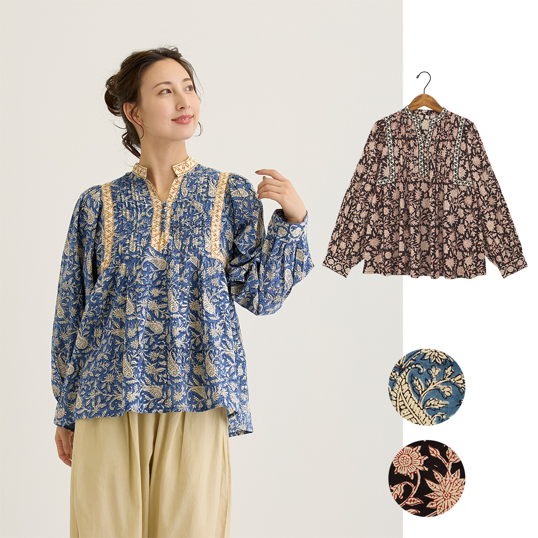 【Shanti Shanti】プルオーバー シックブロック[レディース長袖草花柄フラワーインドアジアン春夏26SS]