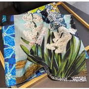 男女兼用 大判正方形 シルクコットン混 ボタニカル フラワー柄 スカーフ 　05546