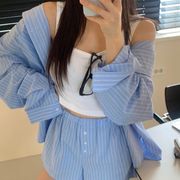 2026年INS 春夏新作  気質   おしゃれ  ボーダー  長袖  シャツ+ショートパンツ   セット