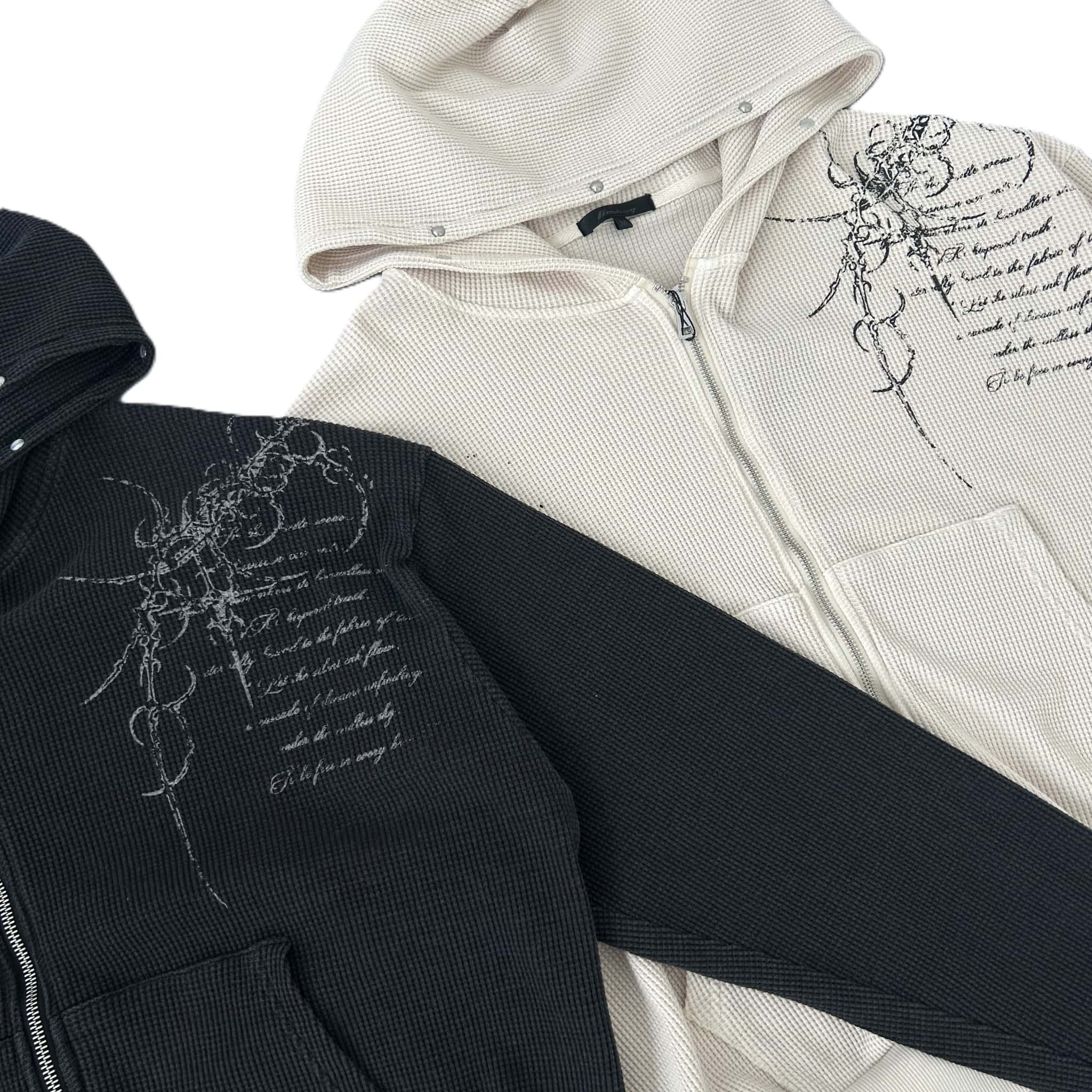 【2026春新作】ピグメント加工 ワッフル Wジップパーカー カジュアル ストリート スタッズ ラバープリント